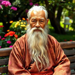 A wise old man with a long white beard and deep-set, thoughtful eyes