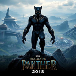 A captivating teaser poster for 'Black Panther (2018)', showcasing the iconic Black Panther in his powerful suit, standing atop a majestic mountain in the technologically advanced Wakanda