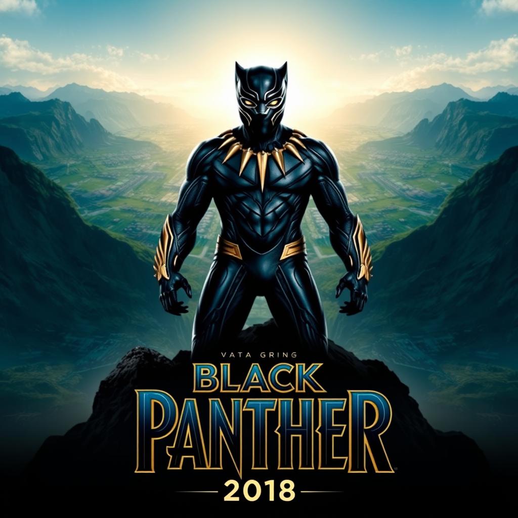 A captivating teaser poster for 'Black Panther (2018)', showcasing the iconic Black Panther in his powerful suit, standing atop a majestic mountain in the technologically advanced Wakanda