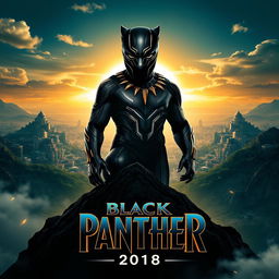 A captivating teaser poster for 'Black Panther (2018)', showcasing the iconic Black Panther in his powerful suit, standing atop a majestic mountain in the technologically advanced Wakanda
