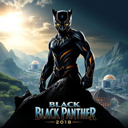 A captivating teaser poster for 'Black Panther (2018)', showcasing the iconic Black Panther in his powerful suit, standing atop a majestic mountain in the technologically advanced Wakanda