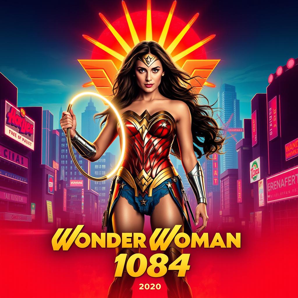 A striking teaser poster for 'Wonder Woman 1984 (2020)', featuring the iconic Wonder Woman in her classic armor, confidently poised in front of a vibrant cityscape reminiscent of the 1980s