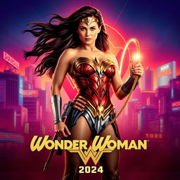 A striking teaser poster for 'Wonder Woman 1984 (2020)', featuring the iconic Wonder Woman in her classic armor, confidently poised in front of a vibrant cityscape reminiscent of the 1980s