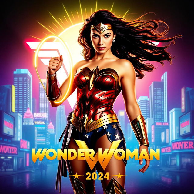 A striking teaser poster for 'Wonder Woman 1984 (2020)', featuring the iconic Wonder Woman in her classic armor, confidently poised in front of a vibrant cityscape reminiscent of the 1980s