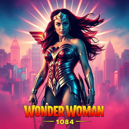 A striking teaser poster for 'Wonder Woman 1984 (2020)', featuring the iconic Wonder Woman in her classic armor, confidently poised in front of a vibrant cityscape reminiscent of the 1980s