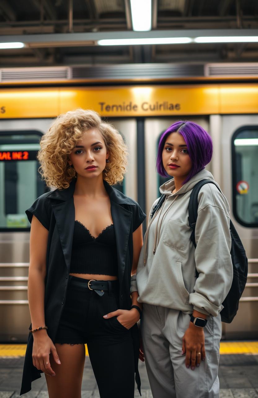 Two girls standing in front of a subway train