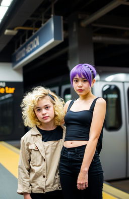 Two girls standing in front of a subway train