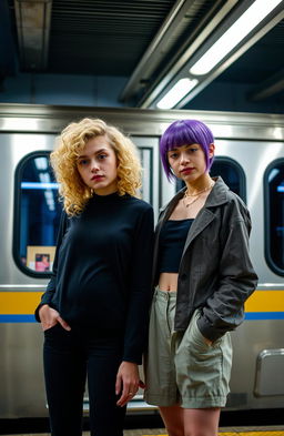 Two girls standing in front of a subway train