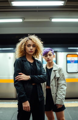 Two girls standing in front of a subway train