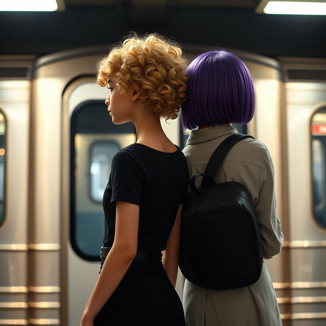 Two girls standing back to us in front of a subway train