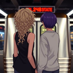 Two girls standing back to us in front of a subway train