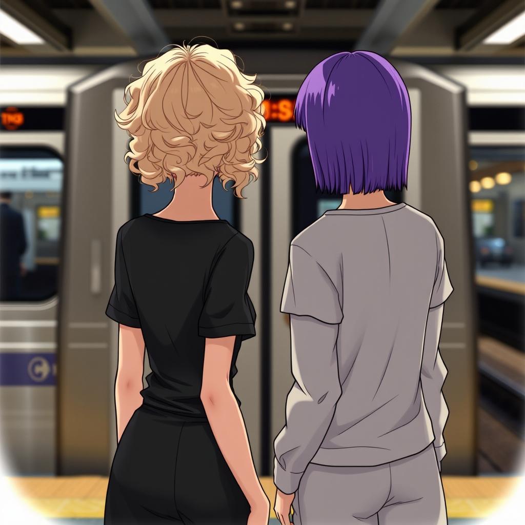 Two girls standing back to us in front of a subway train