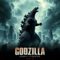A dramatic teaser poster for 'Godzilla: King of the Monsters (2019)', showcasing a menacing Godzilla rising in the foreground amidst a chaotic cityscape in ruins