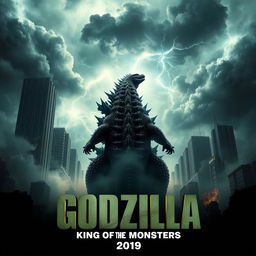 A dramatic teaser poster for 'Godzilla: King of the Monsters (2019)', showcasing a menacing Godzilla rising in the foreground amidst a chaotic cityscape in ruins