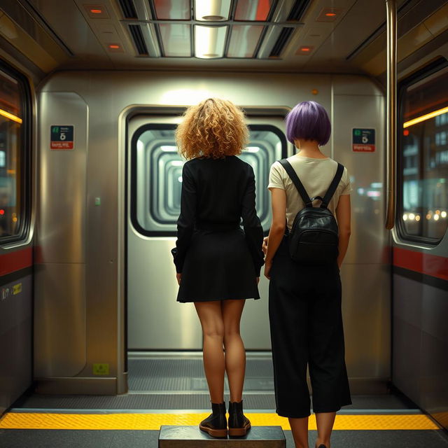 Two girls standing opposite a subway car with their backs to us, one step apart