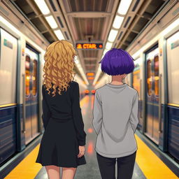 Two girls standing opposite a subway car with their backs to us, one step apart