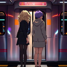 Two girls standing opposite a subway car with their backs to us, one step apart