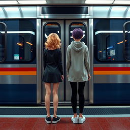 Two girls standing opposite a subway car with their backs to us, one step apart
