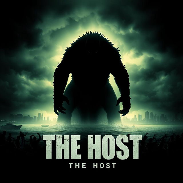 A haunting teaser poster for 'The Host (2006)', depicting the massive, terrifying creature emerging from the Han River, its silhouette cast against a dark, ominous sky