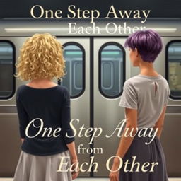 Two girls standing opposite a subway train, viewed from behind, at a step distance from each other