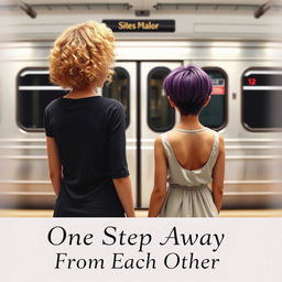 Two girls standing opposite a subway train, viewed from behind, at a step distance from each other