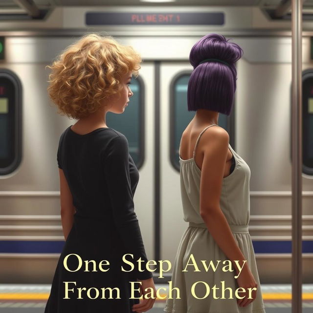 Two girls standing opposite a subway train, viewed from behind, at a step distance from each other