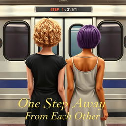 Two girls standing opposite a subway train, viewed from behind, at a step distance from each other