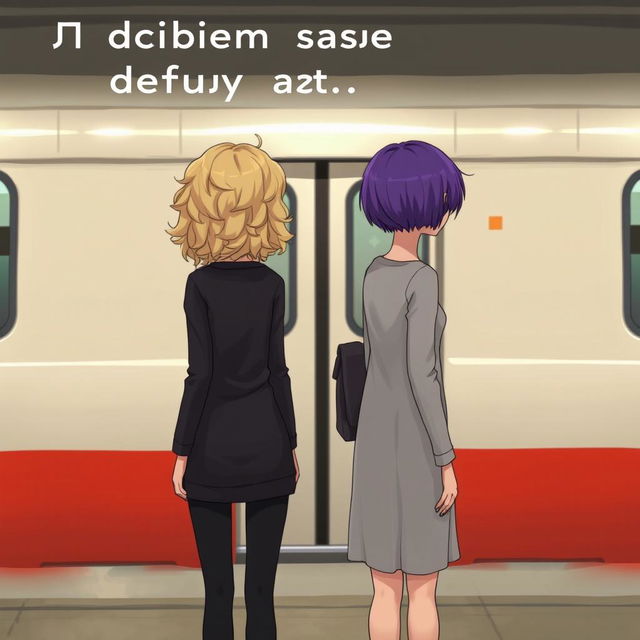 Two girls standing in front of a subway train, facing away from the viewer, stepping apart from each other