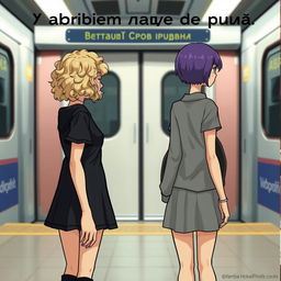 Two girls standing in front of a subway train, facing away from the viewer, stepping apart from each other