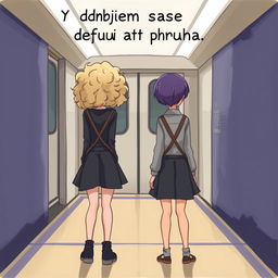 Two girls standing in front of a subway train, facing away from the viewer, stepping apart from each other