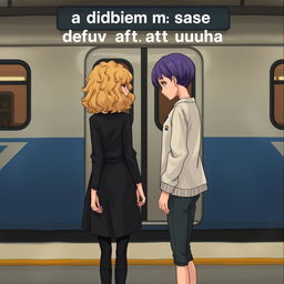 Two girls standing in front of a subway train, facing away from the viewer, stepping apart from each other