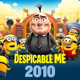 A playful teaser poster for 'Despicable Me (2010)', featuring the main character, Gru, with his signature bald head and sharp nose, standing in front of his whimsical, colorful lair filled with gadgets