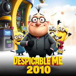 A playful teaser poster for 'Despicable Me (2010)', featuring the main character, Gru, with his signature bald head and sharp nose, standing in front of his whimsical, colorful lair filled with gadgets