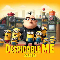 A playful teaser poster for 'Despicable Me (2010)', featuring the main character, Gru, with his signature bald head and sharp nose, standing in front of his whimsical, colorful lair filled with gadgets