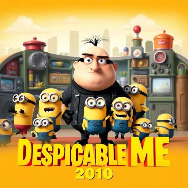 A playful teaser poster for 'Despicable Me (2010)', featuring the main character, Gru, with his signature bald head and sharp nose, standing in front of his whimsical, colorful lair filled with gadgets
