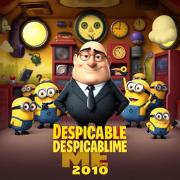 A playful teaser poster for 'Despicable Me (2010)', featuring the main character, Gru, with his signature bald head and sharp nose, standing in front of his whimsical, colorful lair filled with gadgets