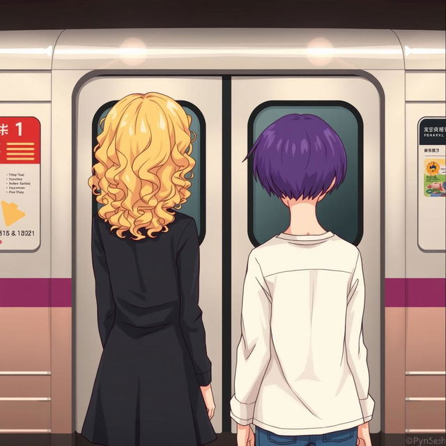 Two girls standing in front of a subway train, facing away from us, positioned one step apart from each other