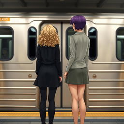 Two girls standing in front of a subway train, facing away from us, positioned one step apart from each other