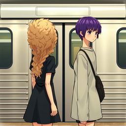 Two girls standing in front of a subway train, facing away from us, positioned one step apart from each other