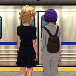 Two girls standing in front of a subway train, facing away from us, positioned one step apart from each other
