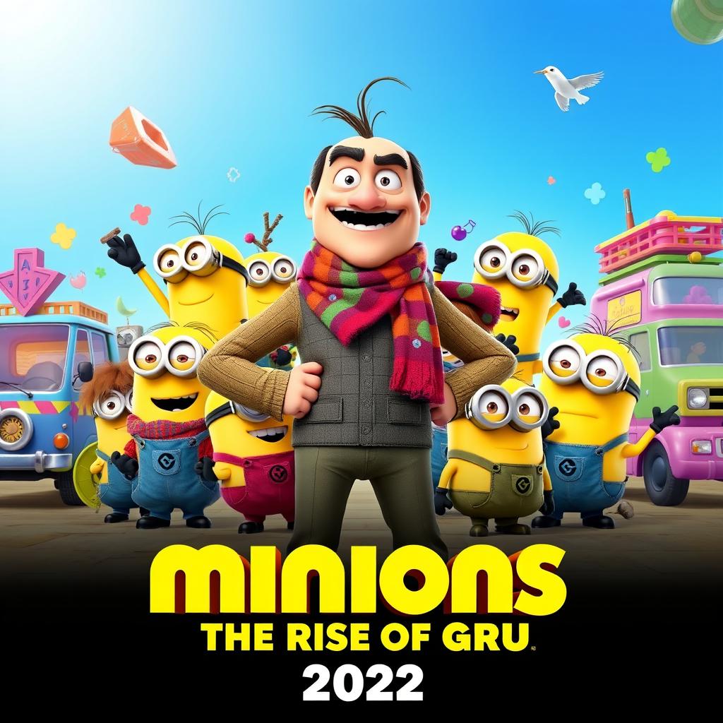 A vibrant teaser poster for 'Minions: The Rise of Gru (2022)', featuring a charismatic young Gru, with his signature scarf and mischievous grin, standing confidently in the center
