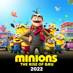 A vibrant teaser poster for 'Minions: The Rise of Gru (2022)', featuring a charismatic young Gru, with his signature scarf and mischievous grin, standing confidently in the center