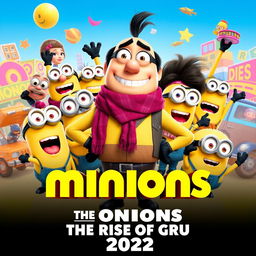 A vibrant teaser poster for 'Minions: The Rise of Gru (2022)', featuring a charismatic young Gru, with his signature scarf and mischievous grin, standing confidently in the center