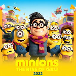 A vibrant teaser poster for 'Minions: The Rise of Gru (2022)', featuring a charismatic young Gru, with his signature scarf and mischievous grin, standing confidently in the center