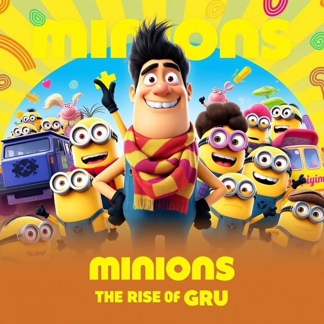 A vibrant teaser poster for 'Minions: The Rise of Gru (2022)', featuring a charismatic young Gru, with his signature scarf and mischievous grin, standing confidently in the center