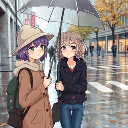 Two girls in an urban street during autumn rain
