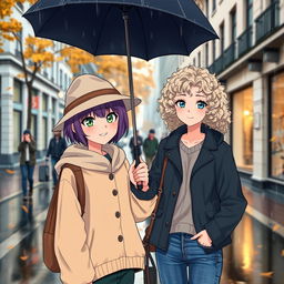 Two girls in an urban street during autumn rain