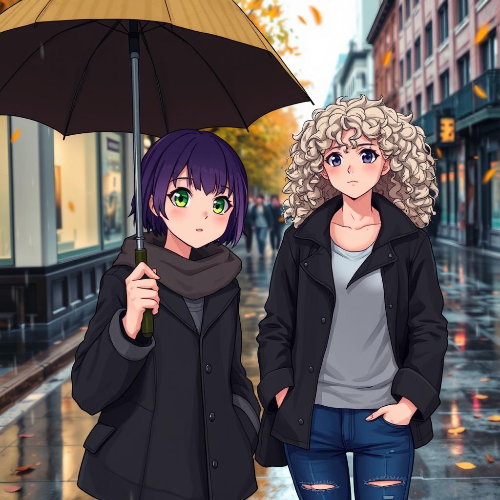 Two girls in an urban street during autumn rain