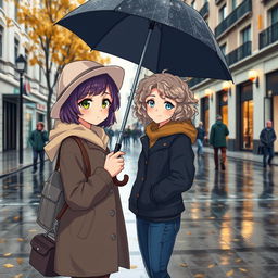 Two girls in an urban street during autumn rain