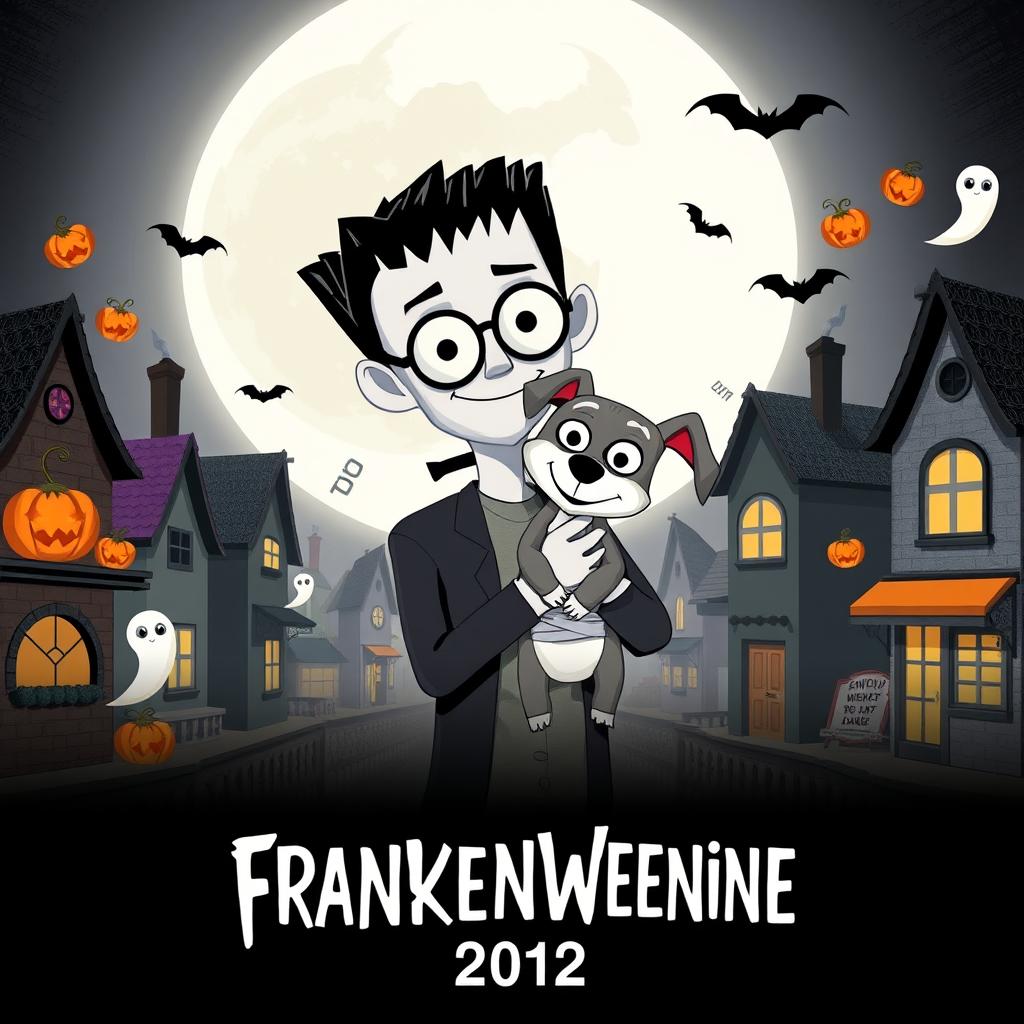 A whimsical teaser poster for 'Frankenweenie (2012)', featuring the main character, Victor Frankenstein, holding his beloved pet dog Sparky, who has been brought back to life